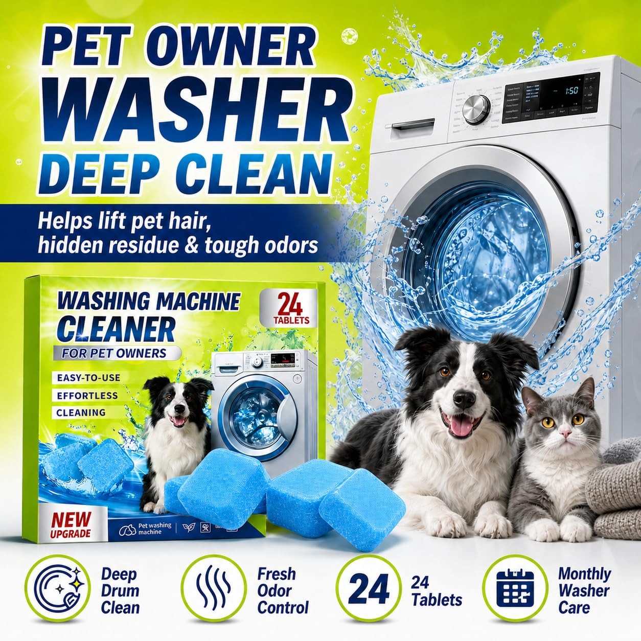 Enzyme Washer Cleaner Tablets Pet Odor Hair Remover Deep Clean HE Front Top Load