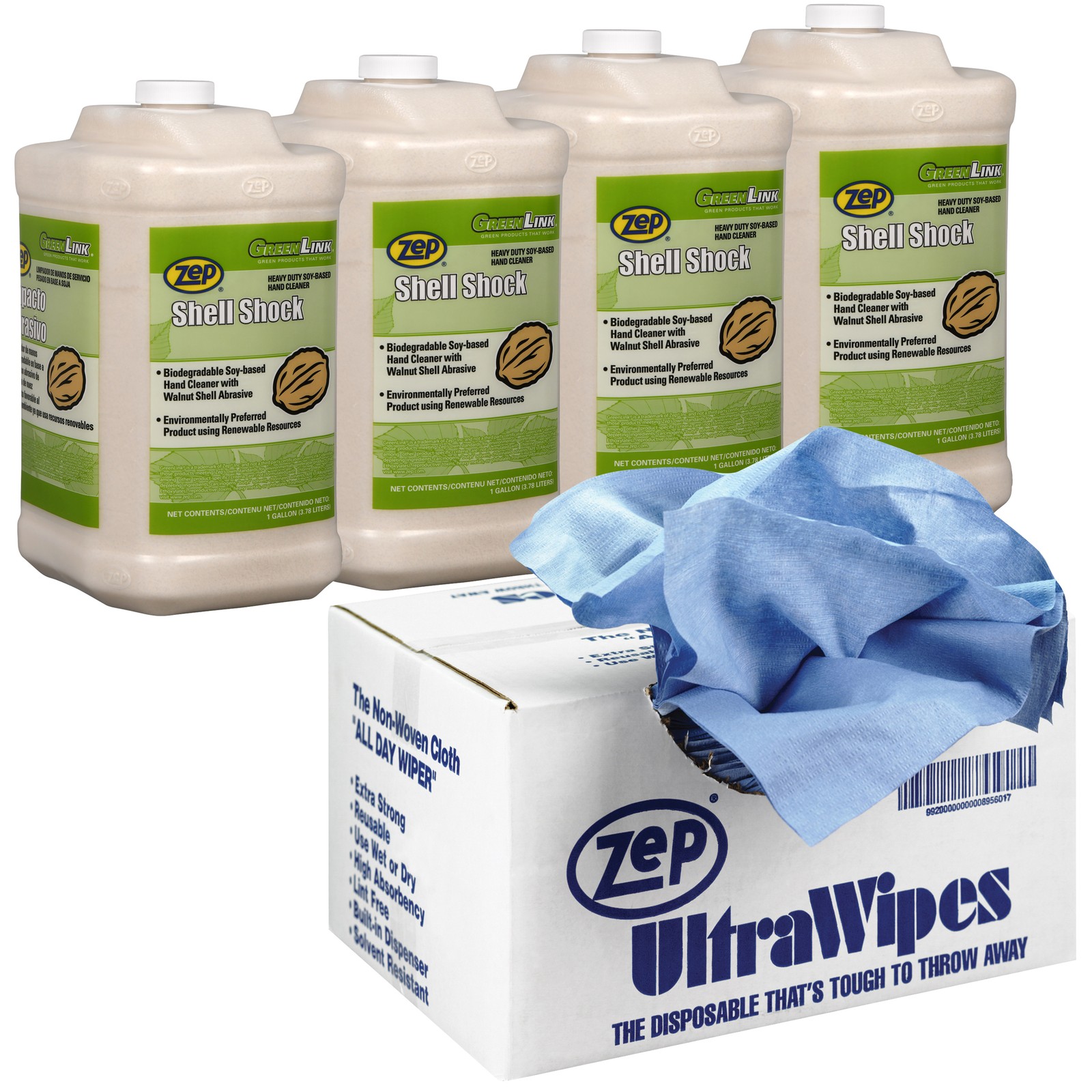 Zep Shell Shock Walnut-Based Pro Hand Cleaner and Zep Ultra Wipes Shop Towels –