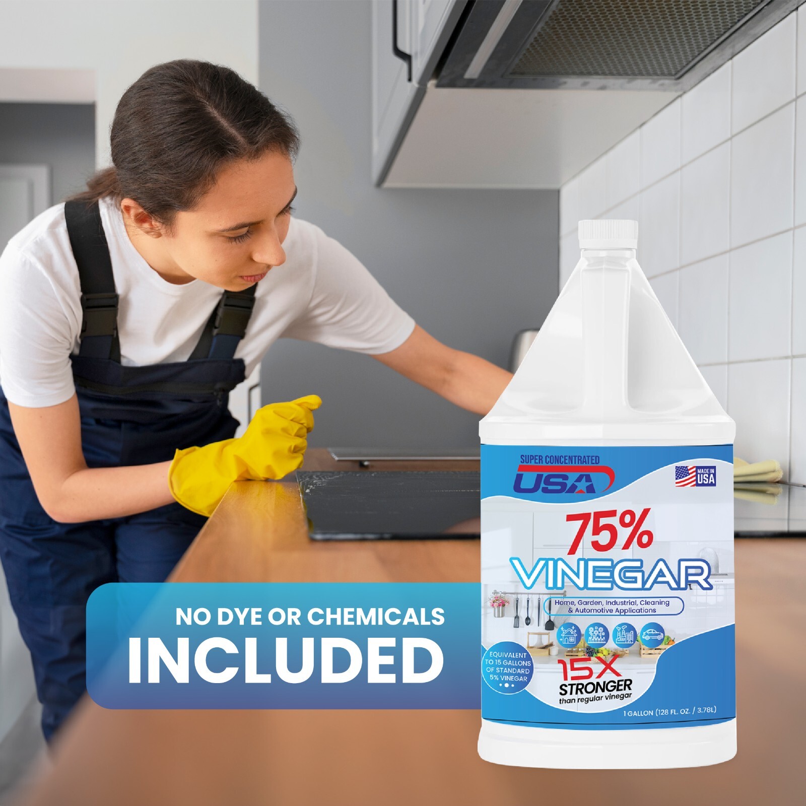 Super Concentrated USA 75% Pure Vinegar – Dilutes to 15 Gallons – 15x Power
