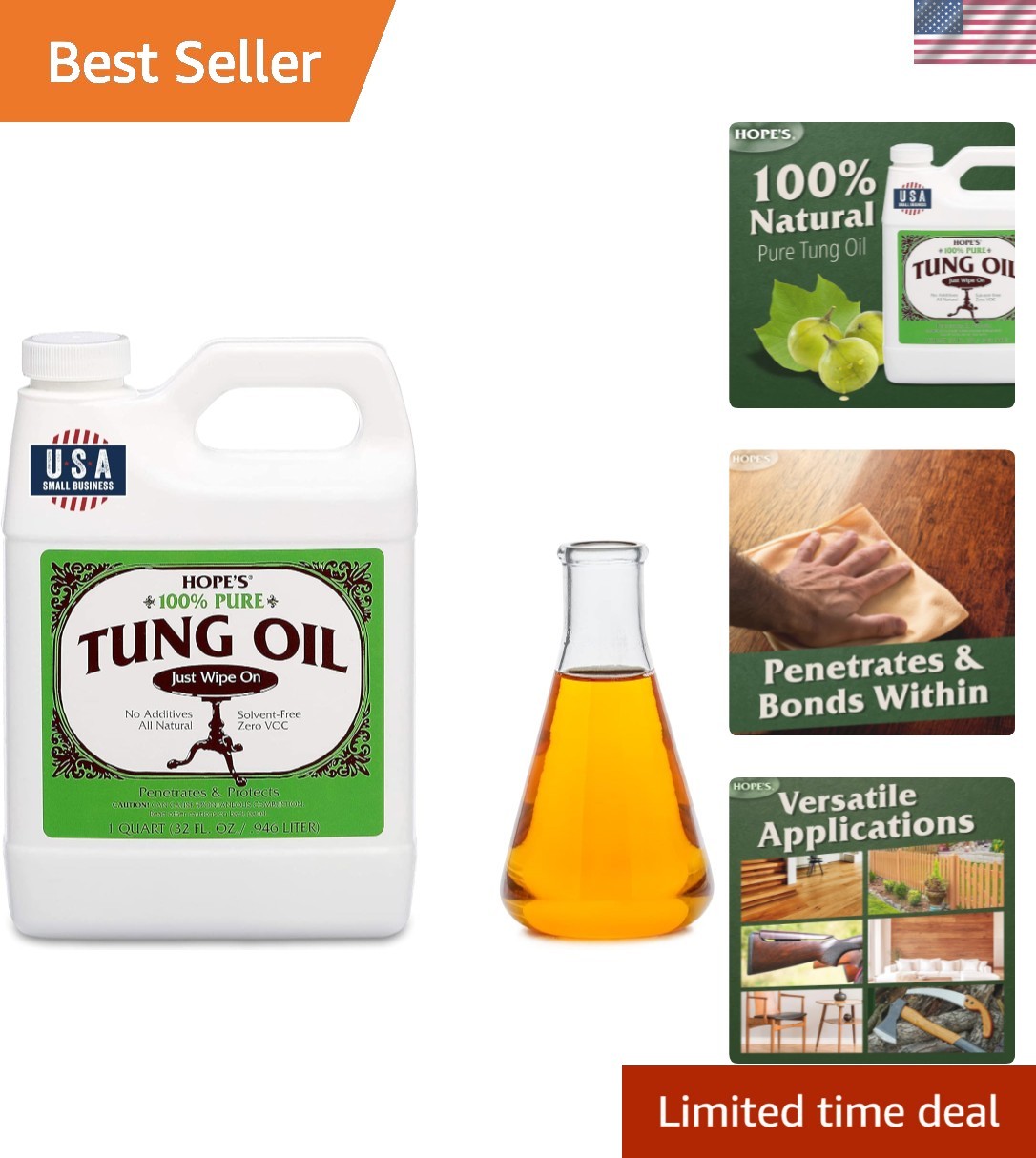 100% Pure Tung Oil, Food Safe, Waterproof Natural Wood Finish and Sealer for…