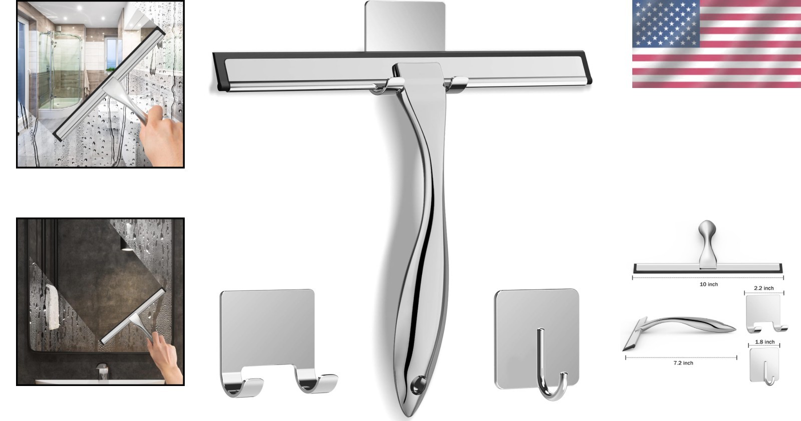 Stainless Steel Squeegee for Shower & Car – Includes 2 Easy-Hang Hooks