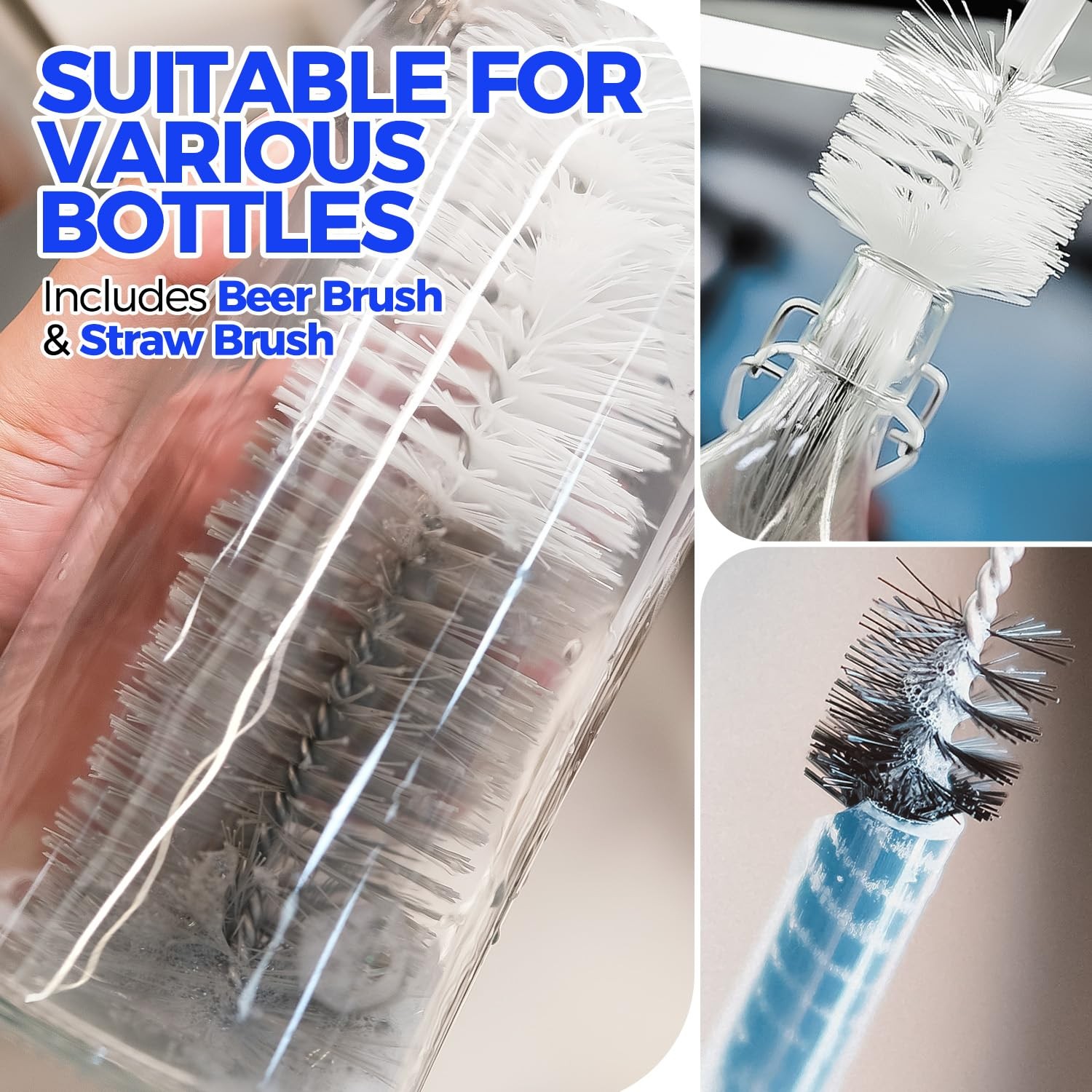 Bottle Cleaning Brushes 10 Pack, 15 Inch Flexible Handle, White Grey