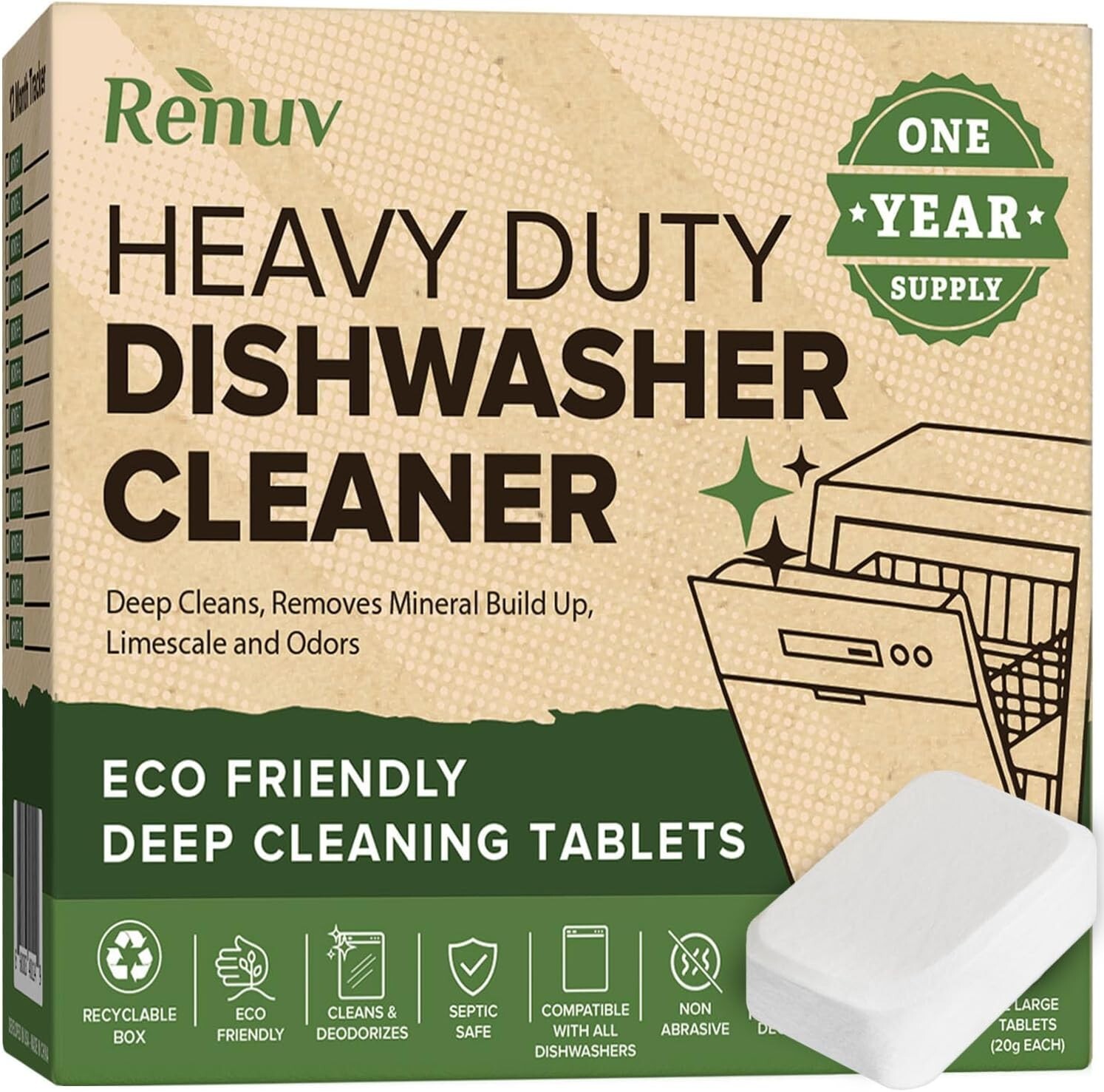 Heavy Duty Dishwasher Cleaner and Deodorizer Tablets, Descaler, Deep Cleaning