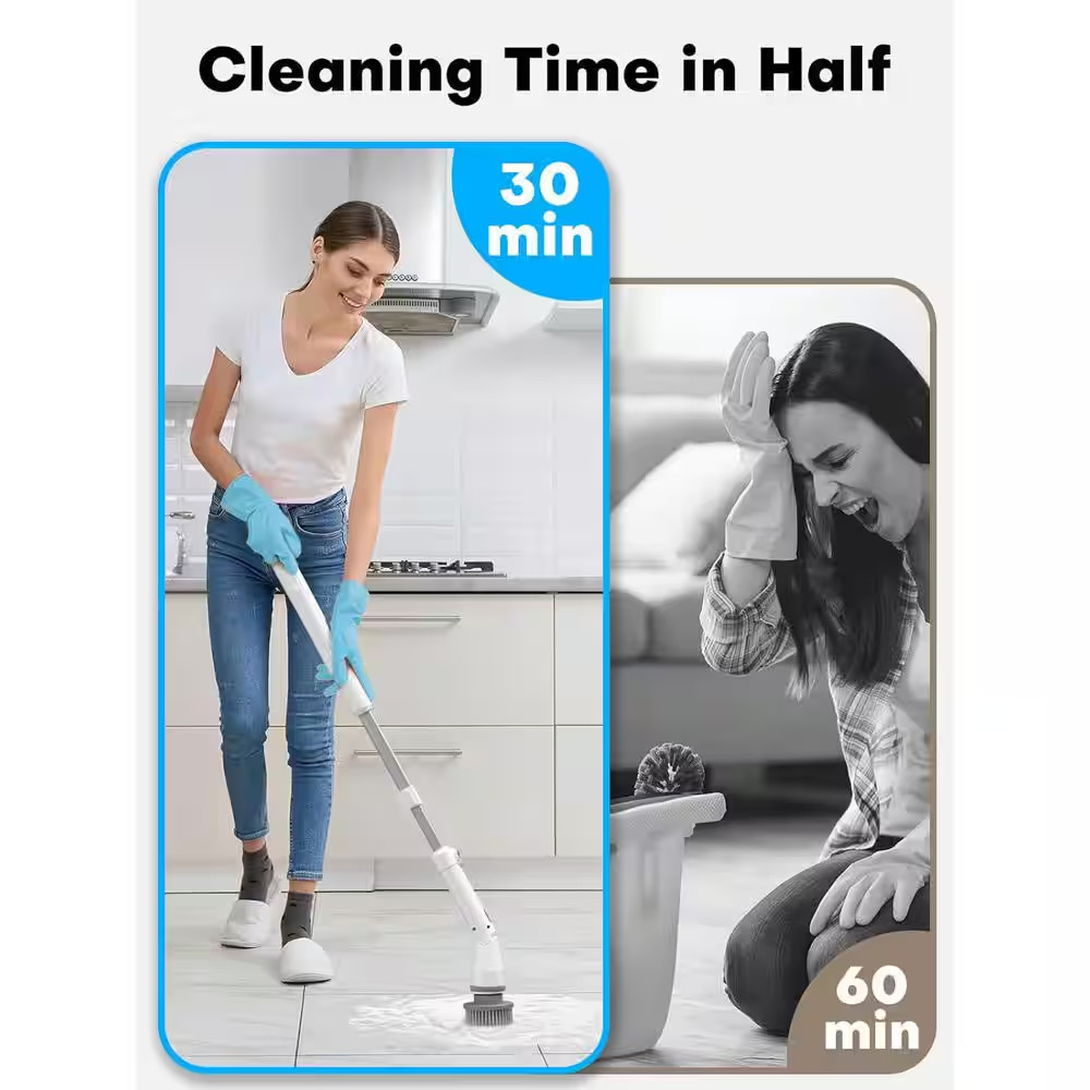 16.5 In. Electric Spin Scrub Brush with Adjustable Handle Extension, 4 Replaceab