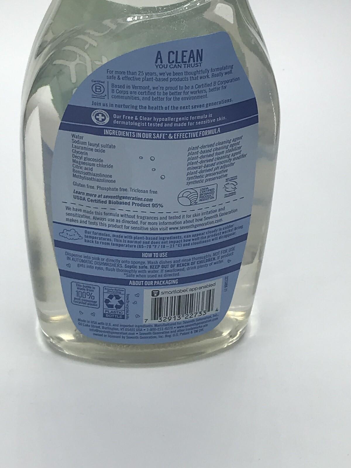 Seventh Generation Free And Clear Dish Liquid Soap. 25 Fl Oz . New