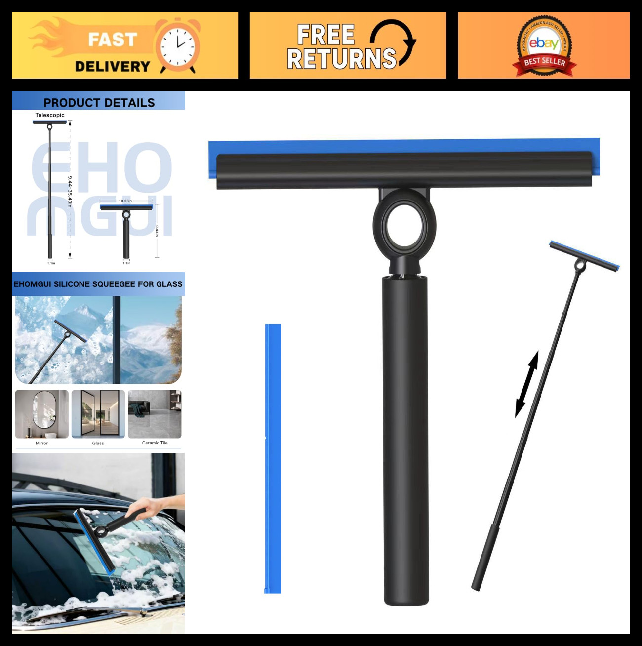 Telescoping Shower Squeegee with Long Handle – Extendable Window Cleaner Tool fo