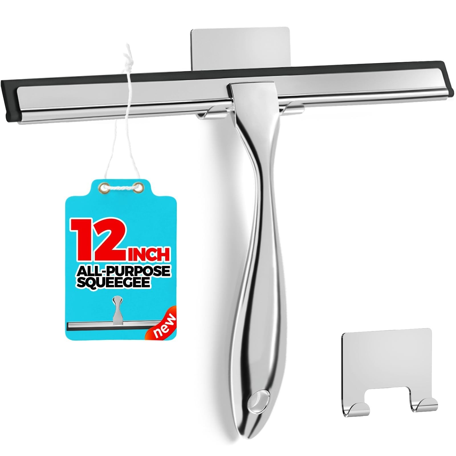 “12 Inch Shower Squeegee Silver, NonSlip Grip for Glass, Tile, Bathroom”