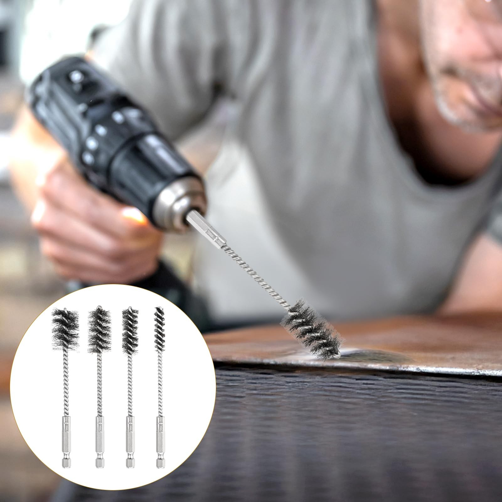 4 Pcs Stainless Steel Wire Brushes for Drill Stainless Steel Bore Brush Set