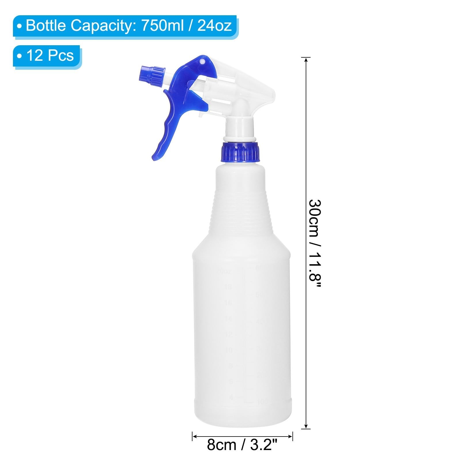 12pcs 750ml Plastic Spray Bottles with Adjustable Nozzle – Leak Proof Water Mist