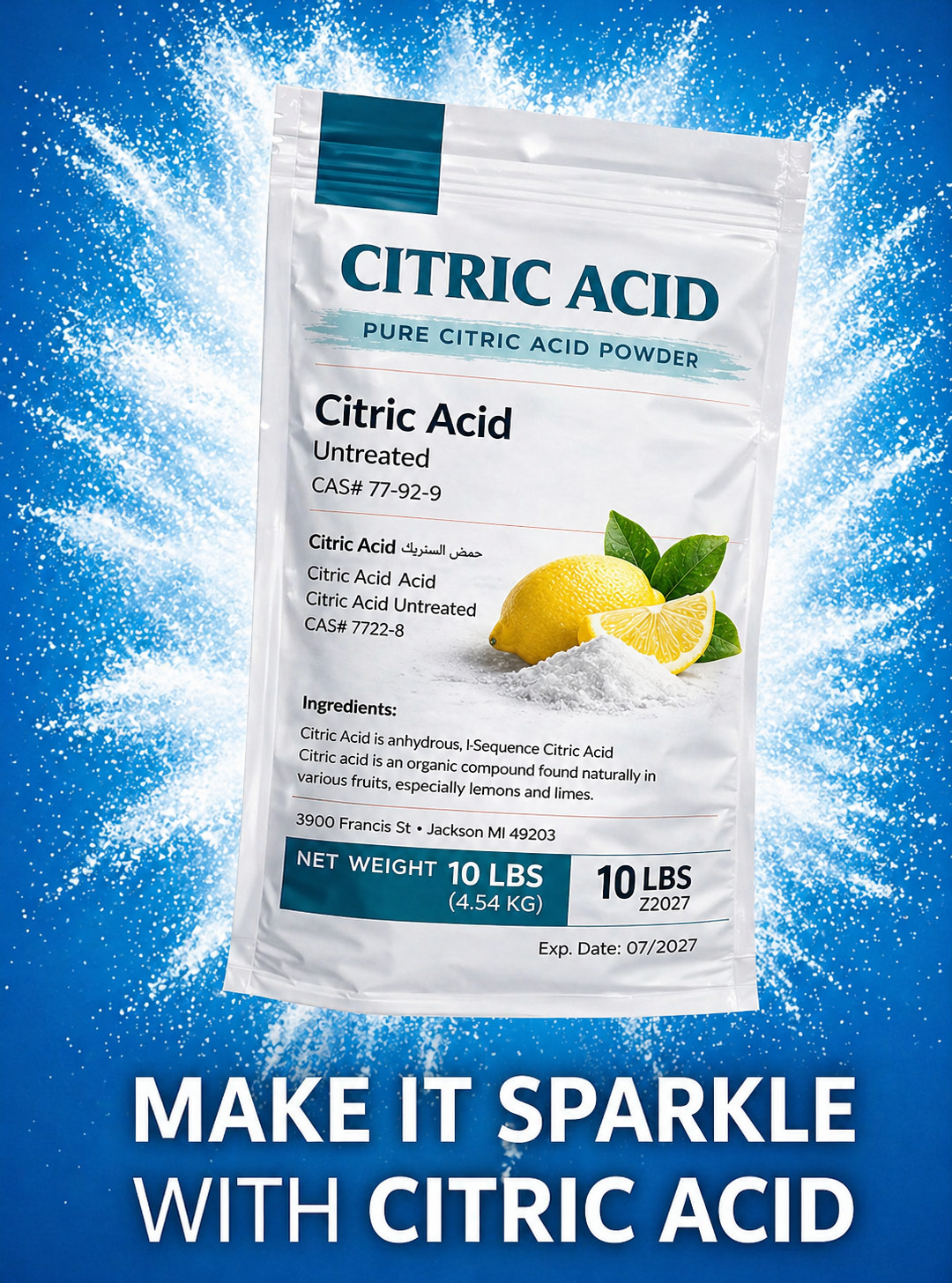 10lb Pure Citric Acid Powder – 100% Pure– Bulk -Heavy Cleaning -Non-Food Grade –
