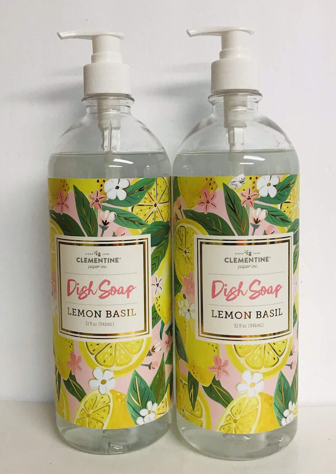 2 Bottles Clementine ~ Lemon & Basil Dish Soap 32 fl oz Each