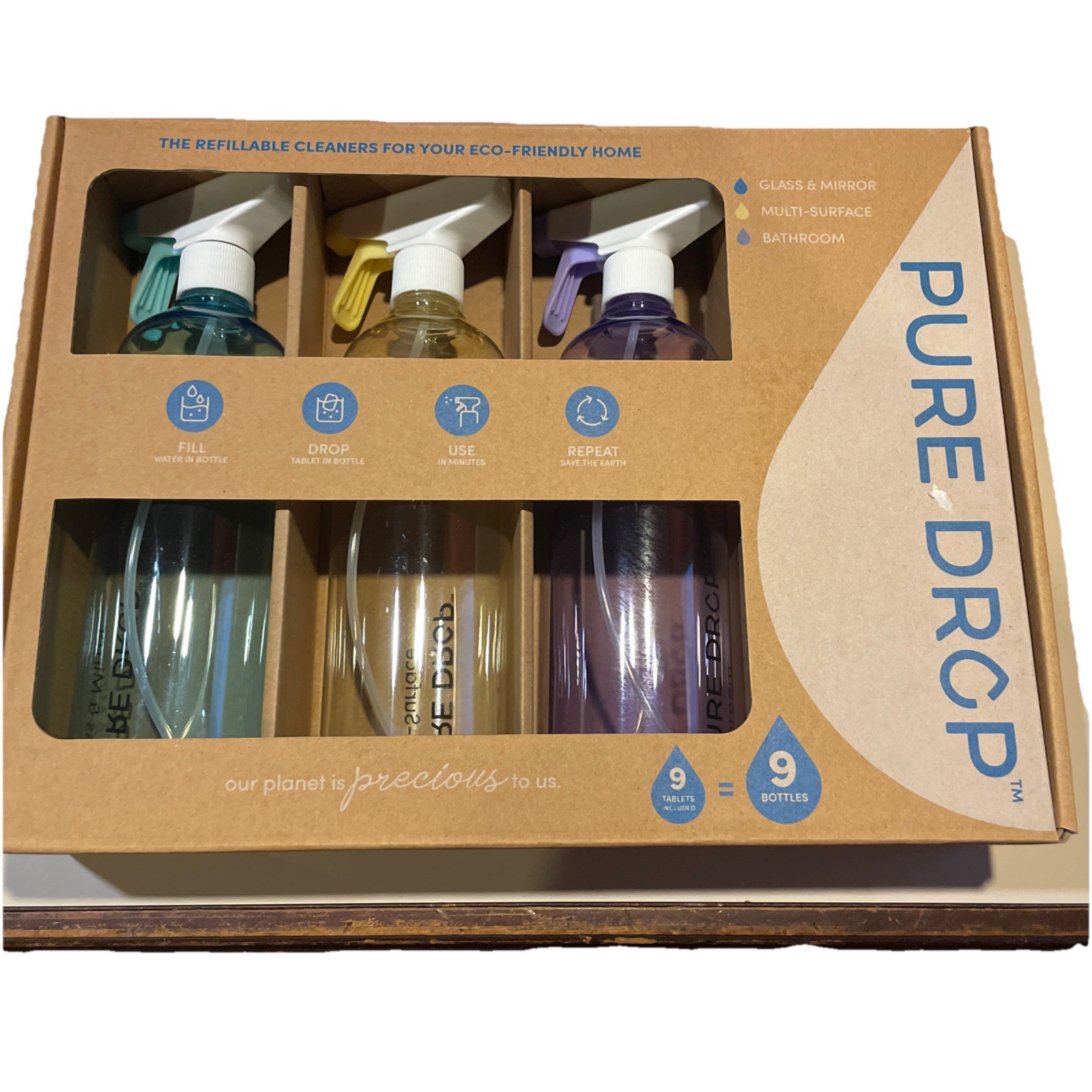 PURE DROP 3 Pack EcoFriendly 26oz Plastic Spray Bottles + 9 Cleaning Tablets NIP