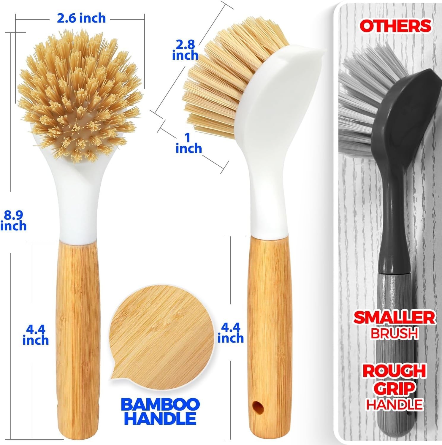 3 Pack Dish Brush Set with Bamboo Handle, Kitchen Brushes for Cleaning Pot, S…