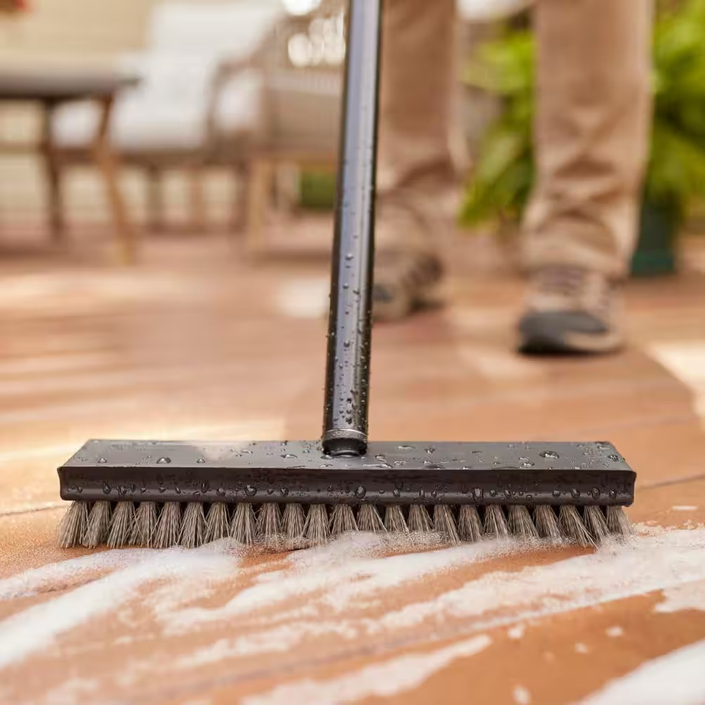 HDX 12 in. Plastic Deck Scrub Brush with 50 in. Steel Handle Stiff Bristles 1Pk