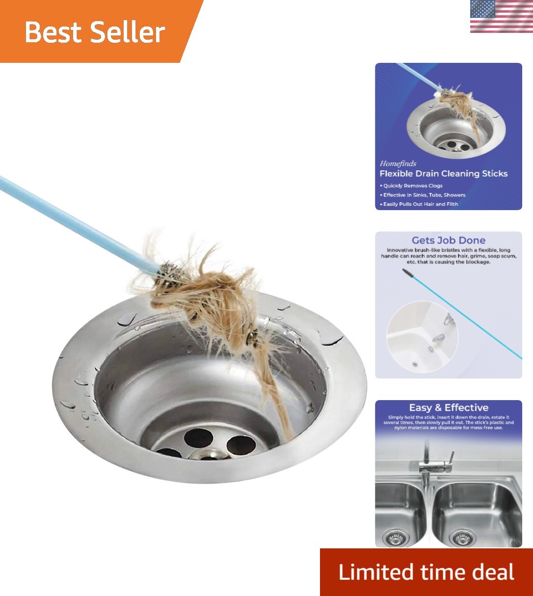 Effective Sink & Shower Drain Cleaner Sticks | 19.5” Long | Disposable 12 Pack