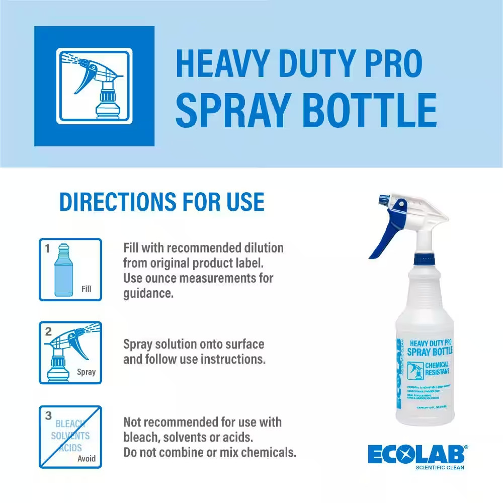Ecolab Heavy Duty Pro Spray Bottle 32 Oz Chemical Resistant High-Output Sprayer