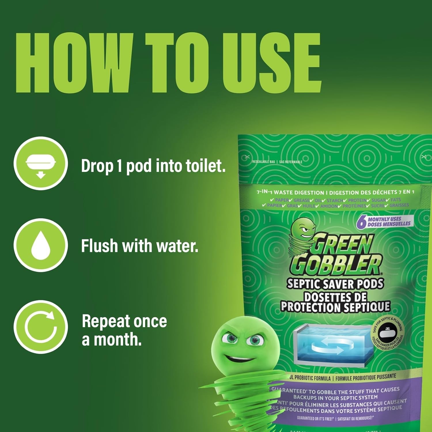 Green Gobbler Septic Tank Treatment Packets, 6 Month Supply – Natural Bacteria t