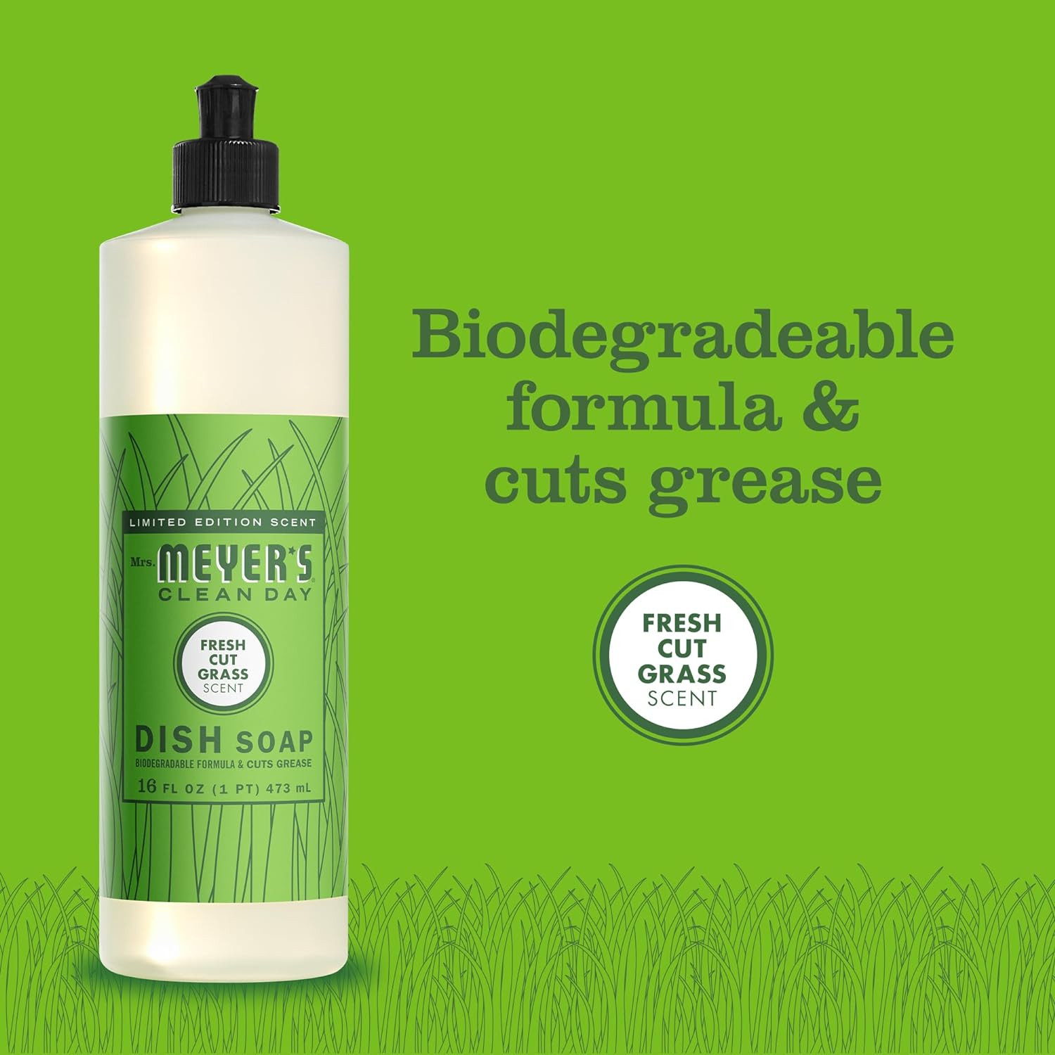 Mrs. Meyer’s Clean Day Liquid Dish Soap, Fresh Cut Grass Scent, 16 Ounce Bottle