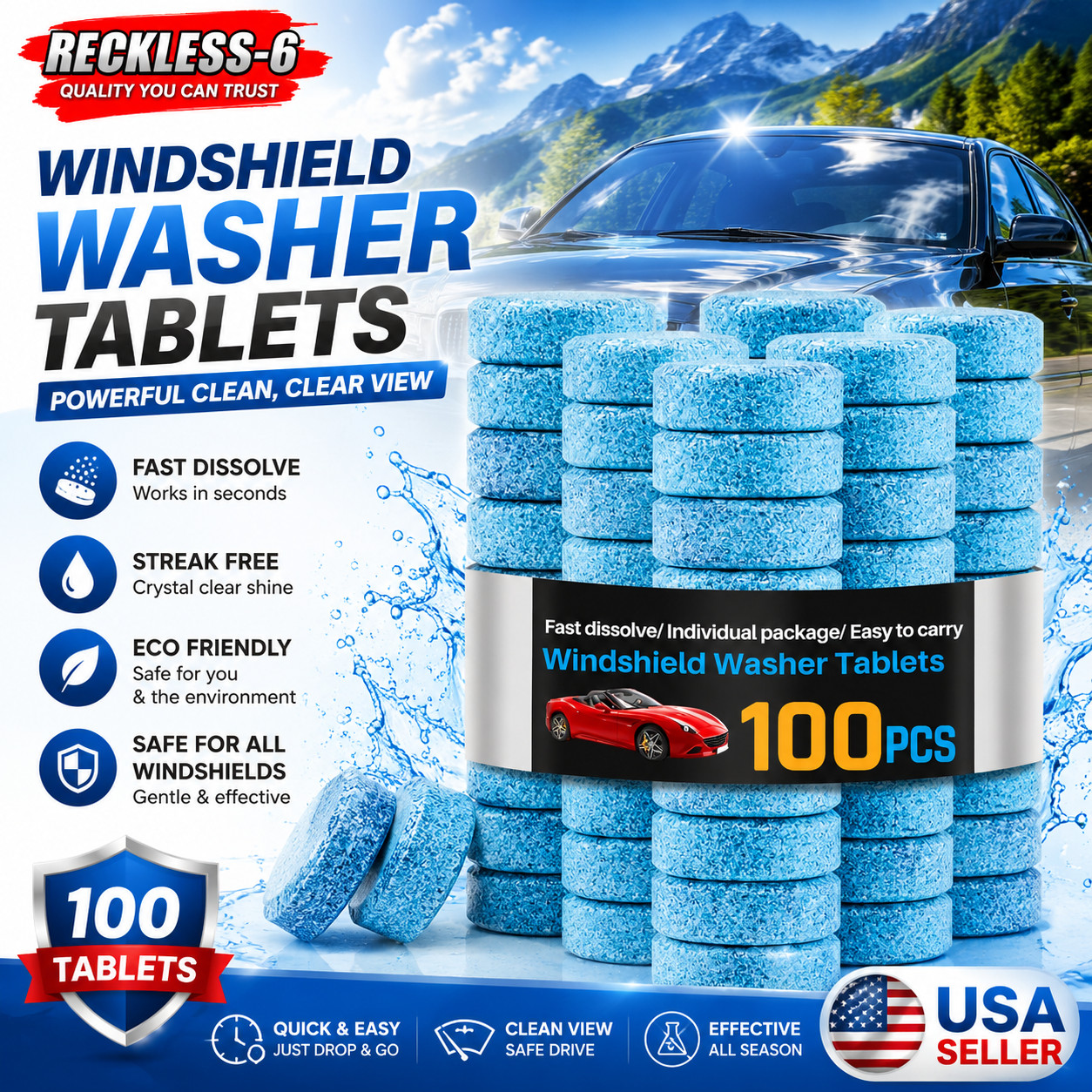 100 Car Winter Windshield Washer Wiper Fluid Concentrated Tablets Glass Cleaner