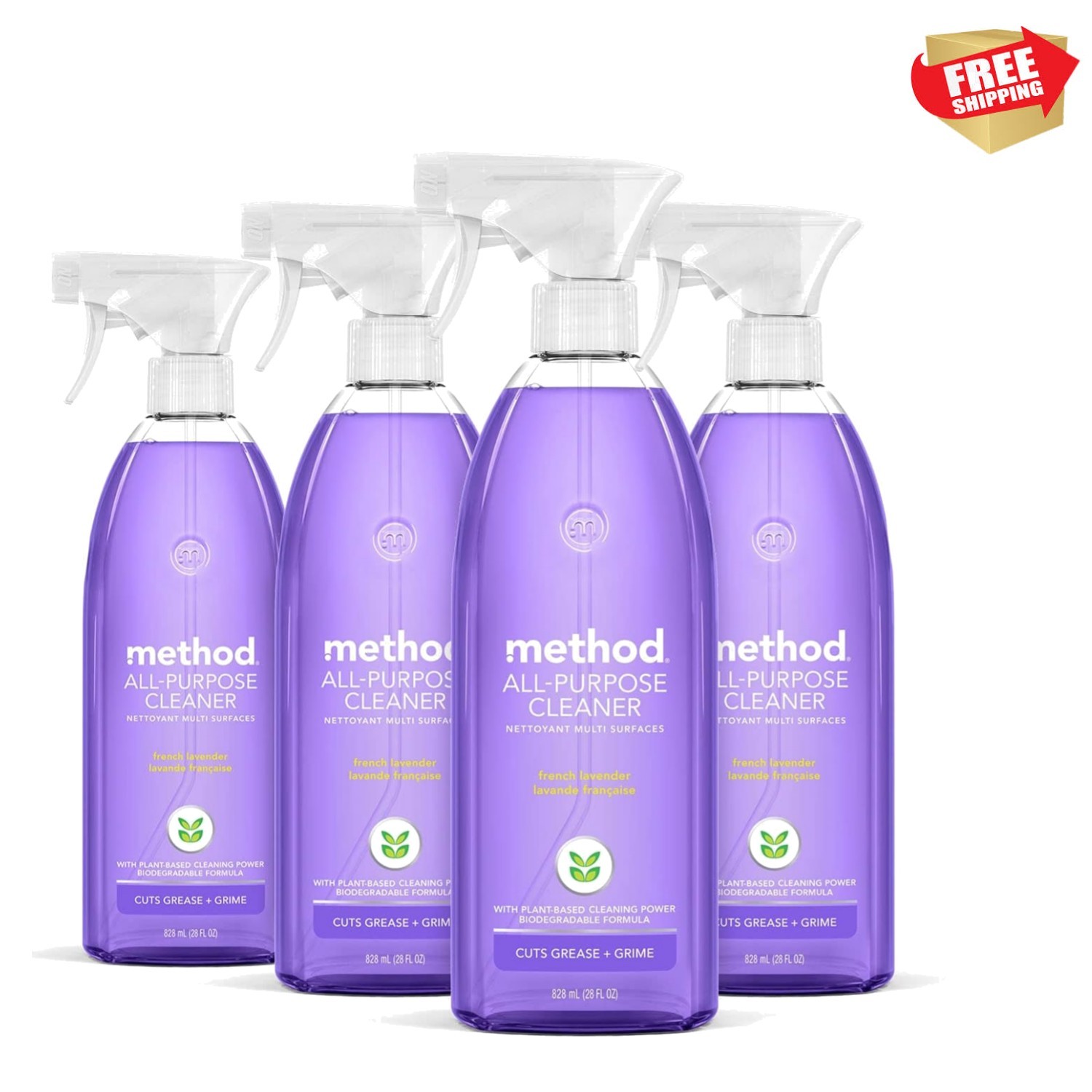Biodegradable All-Purpose Cleaner Spray – French Lavender, 28 Fl Oz – Pack of 4