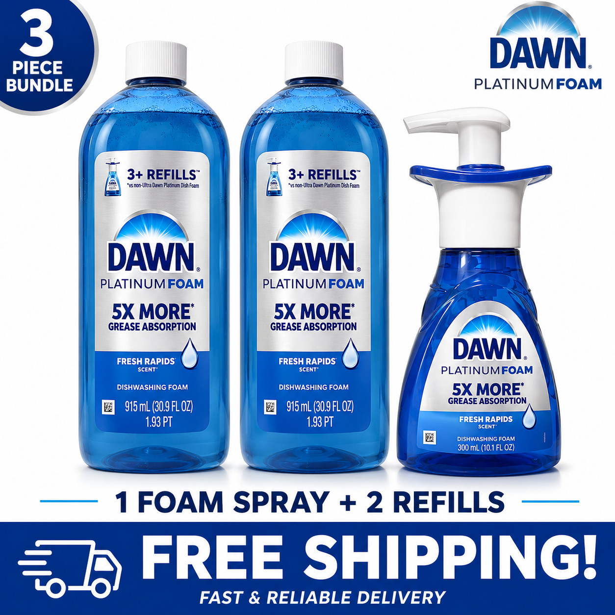 Dawn Platinum Foam Refills, Fresh Rapids Scent 2 Refill Bottle and 1 pump
