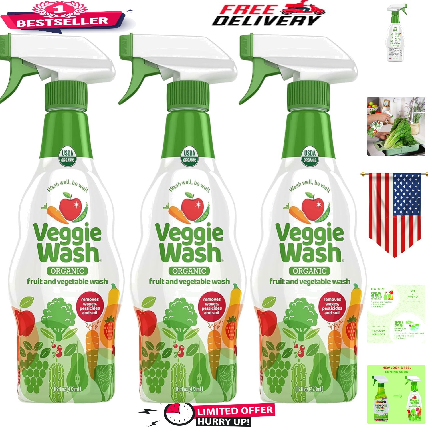 Unscented Organic Fruit & Vegetable Wash – Safe for All Produce, 16oz (3 Pack)