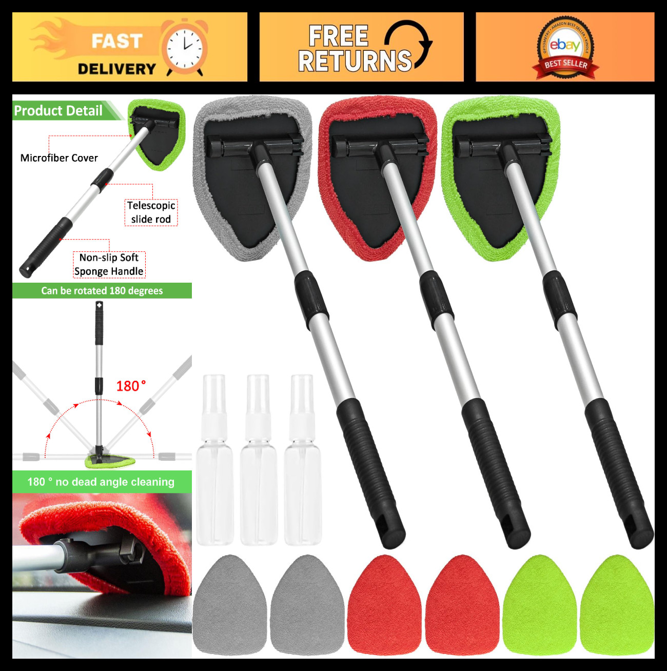 3-Piece Car Window Cleaner Kit – Extendable Handle, 9 Microfiber Pads, 3 Spray B