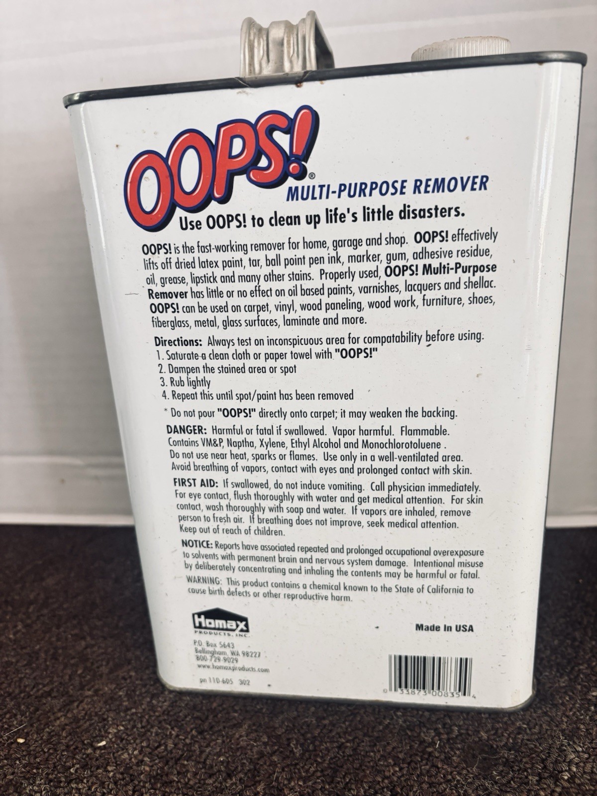 Oops! Remover-ONE GALLON Tin Can DISCONTINUED! Sealed, Original Formula 95% FULL