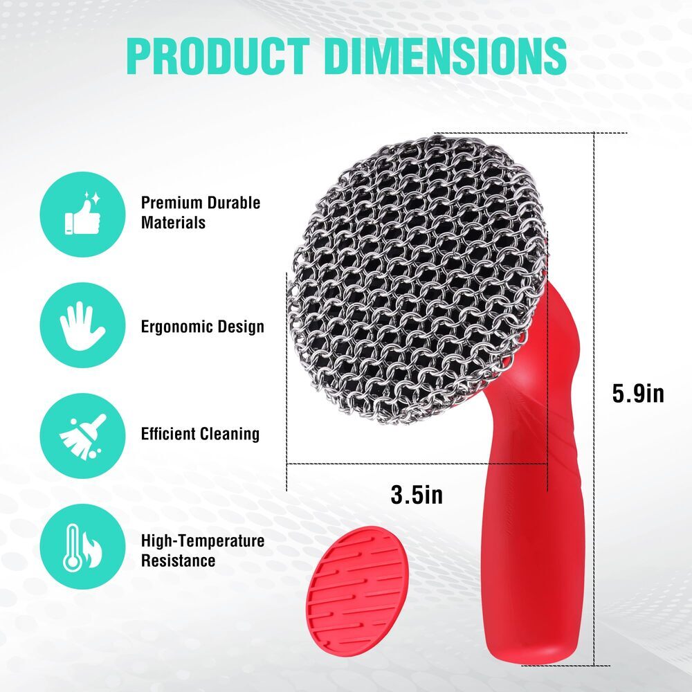HAUSHOF Cast Iron Scrubber with Long Handle Kitchen Cleaning Kit for Grill Dutch
