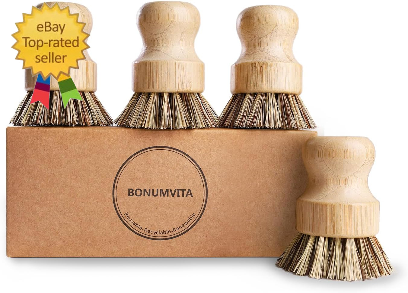 Bamboo Dish Brush Set,4 Pack Kitchen Palm Pot Brush with Union Fiber, Natural