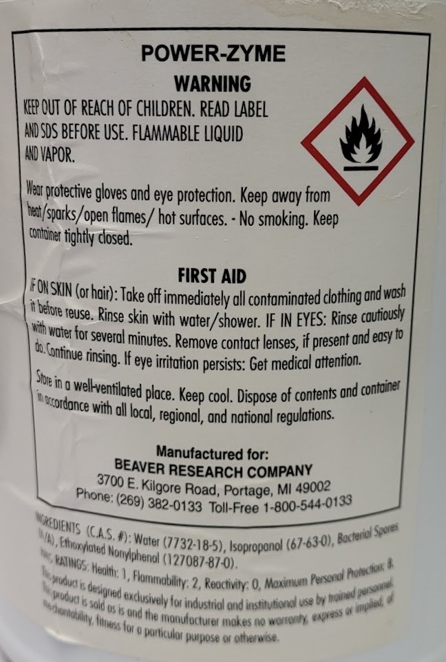 Power-Zyme Biological Waste Grease Cleaner Degrader 1 Gal 3.8 L Beaver Research
