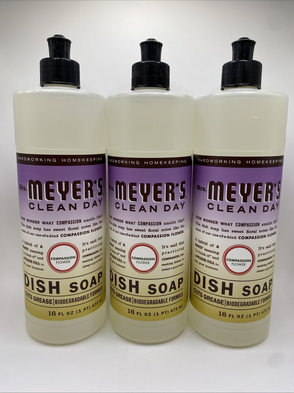 3Pack Of Mrs. Meyer’s Clean Day Compassion Flower Scent Liquid Dish Soap 16oz