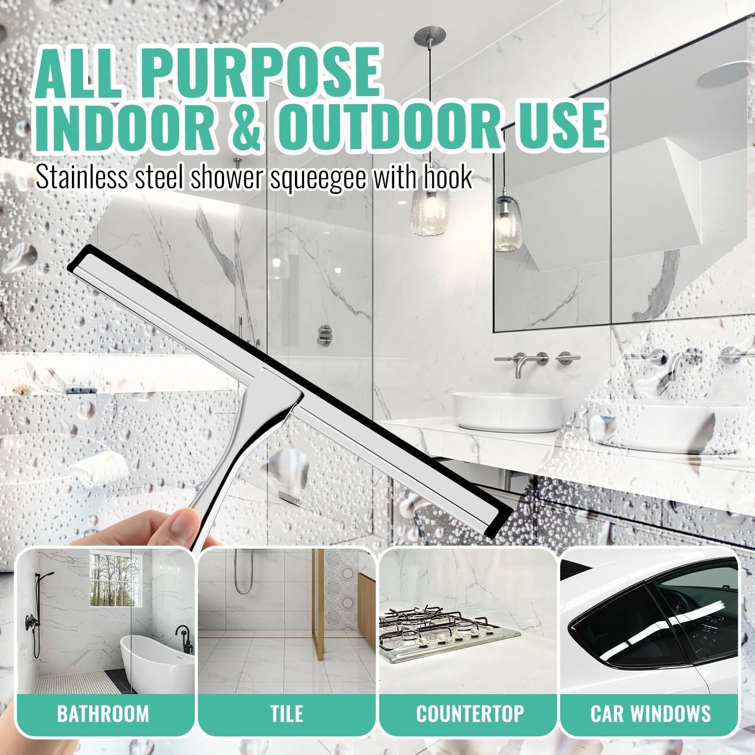 Stainless Steel Shower Squeegee 10″ with Adhesive Hook – Bathroom & Glass