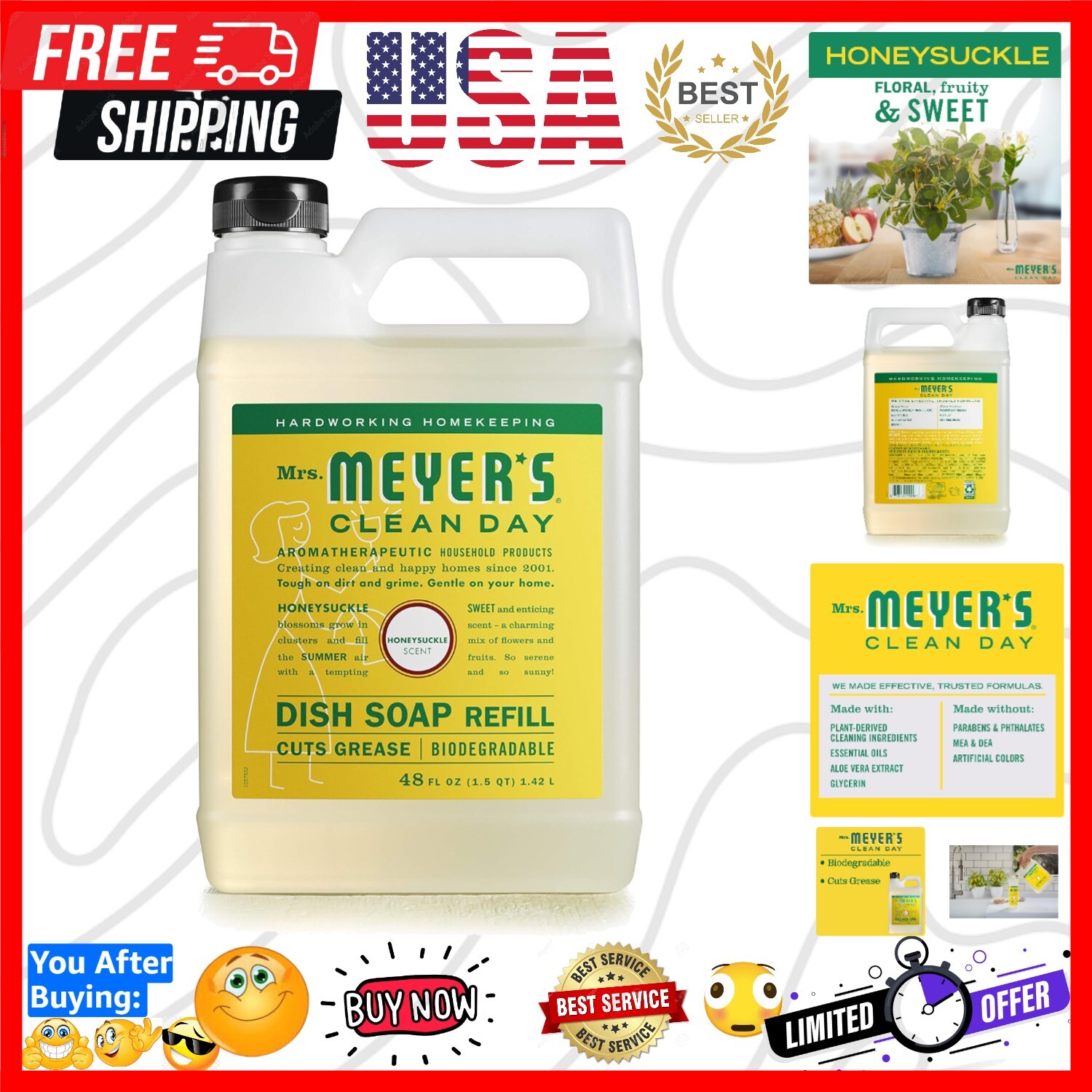 MRS. MEYER’S CLEAN DAY Liquid Dish Soap Refill Honeysuckle 48 fl. oz Biodegr…