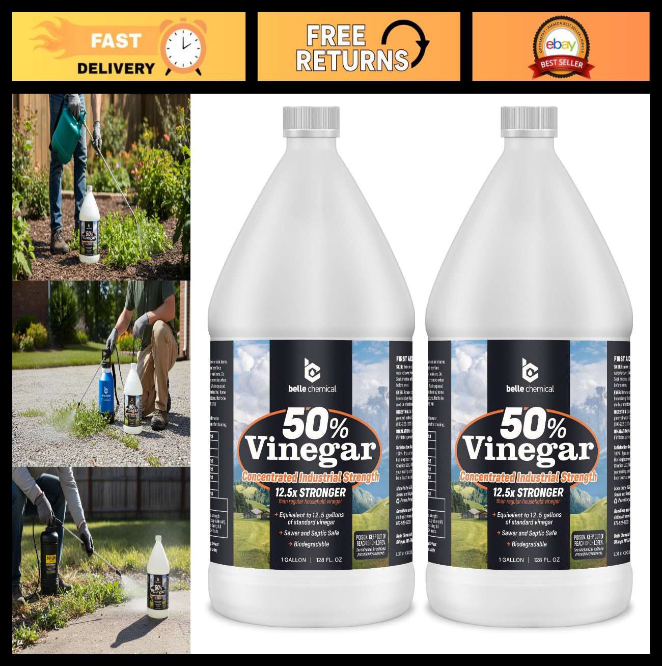 50% Pure Concentrated Vinegar – 125x Stronger Cleaner for Indoor & Outdoor Use (