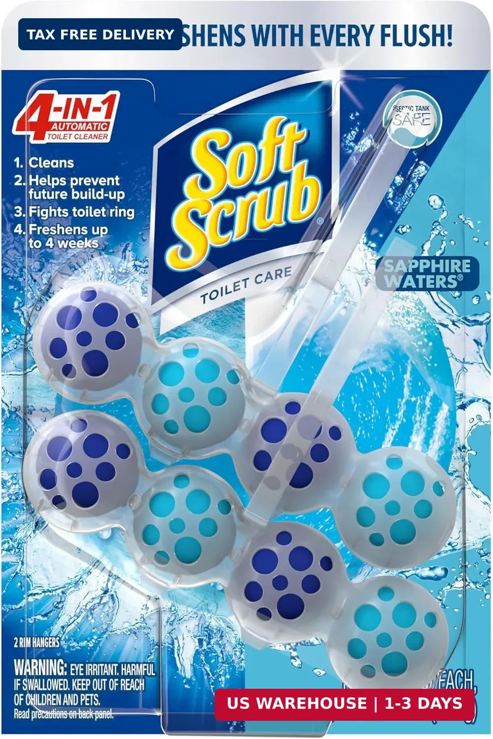 Soft Scrub 4-in-1 Rim Hanger Toilet Bowl Cleaner, Sapphire Waters, 2 Count