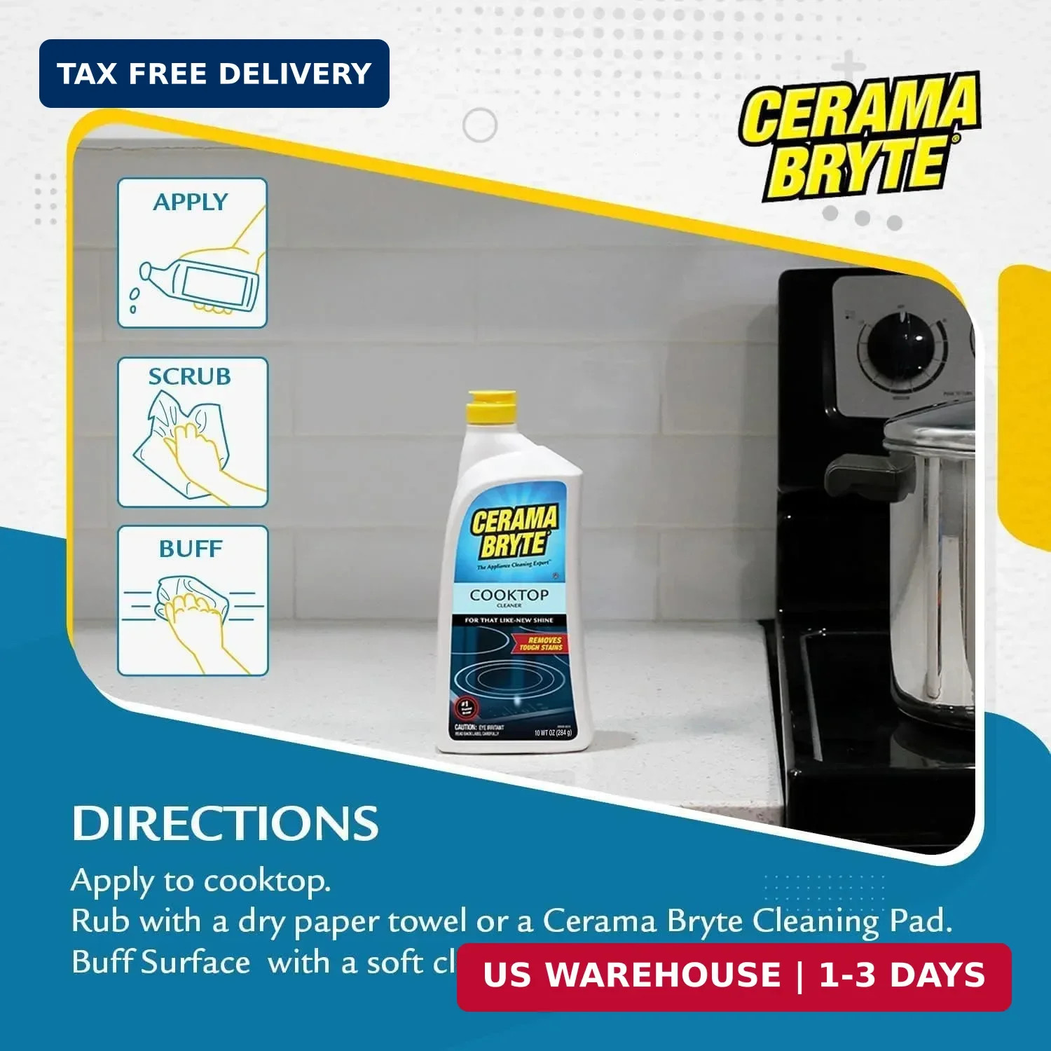 Cerama Bryte Combo Kit Pads & Removes Tough Stains Cooktop and Stove Top Cleaner