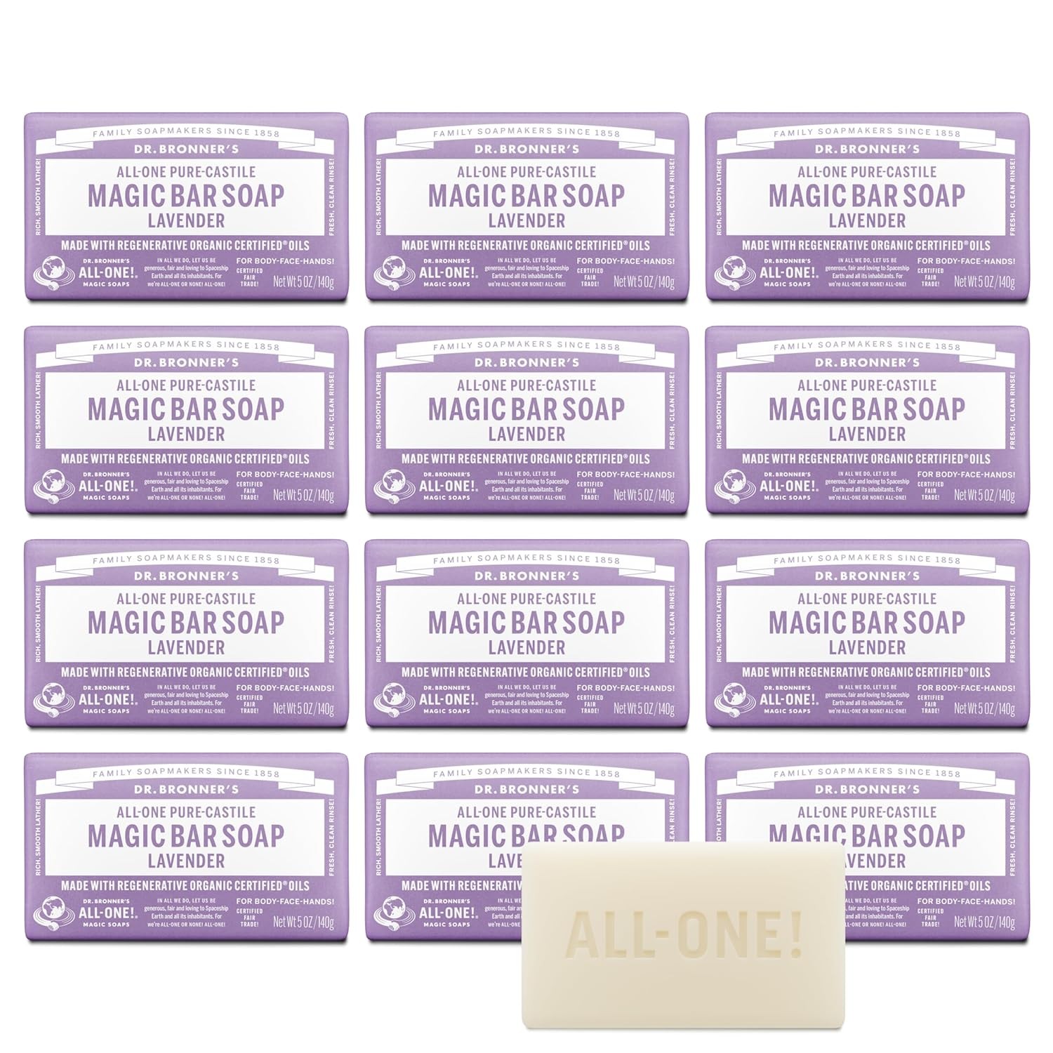 Dr. Bronner’s Pure-Castile Magic Bar Soap (Lavender, 5 Ounce, 12-Pack) – Made