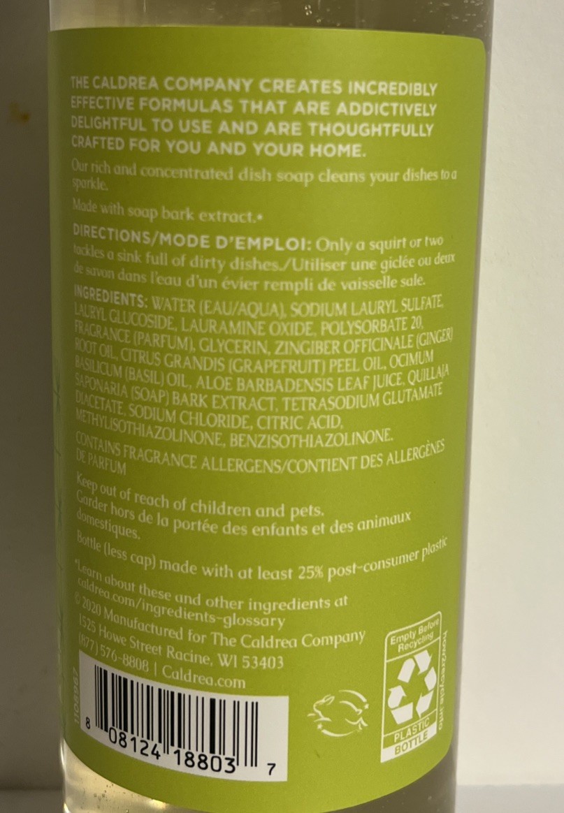 Caldrea Dish Soap, GINGER POMELO 16 fl oz DISCONTINUED