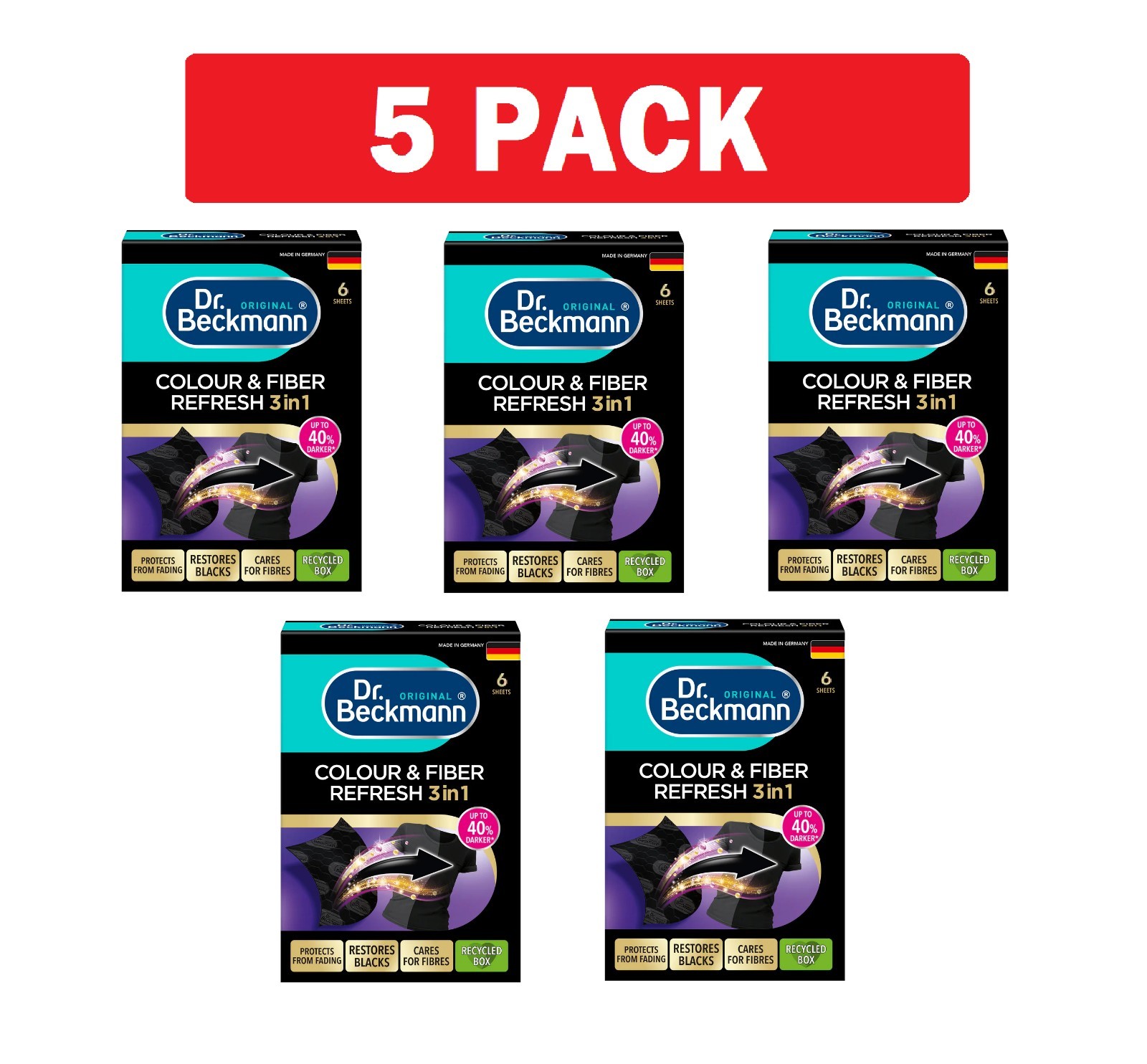 5x Dr. Beckmann Colour & Fibre Refresh, Color Wipes Intensive Black 3in1, 6 pcs