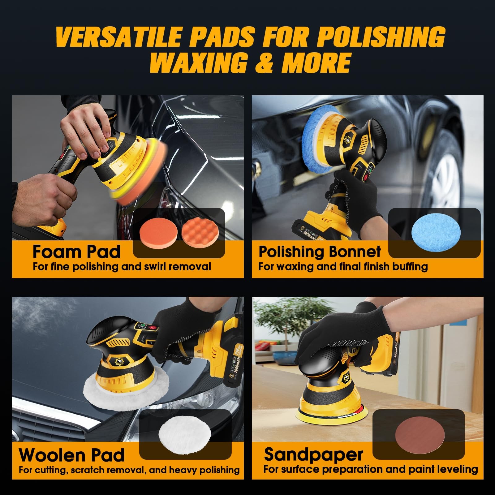 Niusken Cordless Car Buffer Polisher kit, DA Polisher with 2*21V Batteries