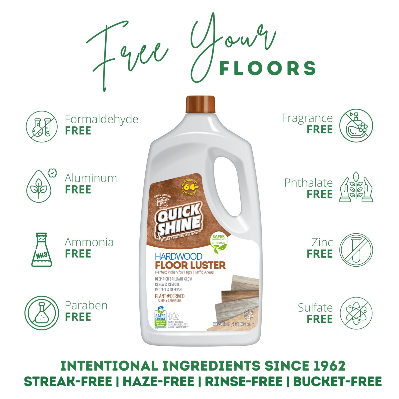 Quick Shine Hardwood Floor Luster-Polish 64oz-4pk | Plant-Derived w/Carnauba |