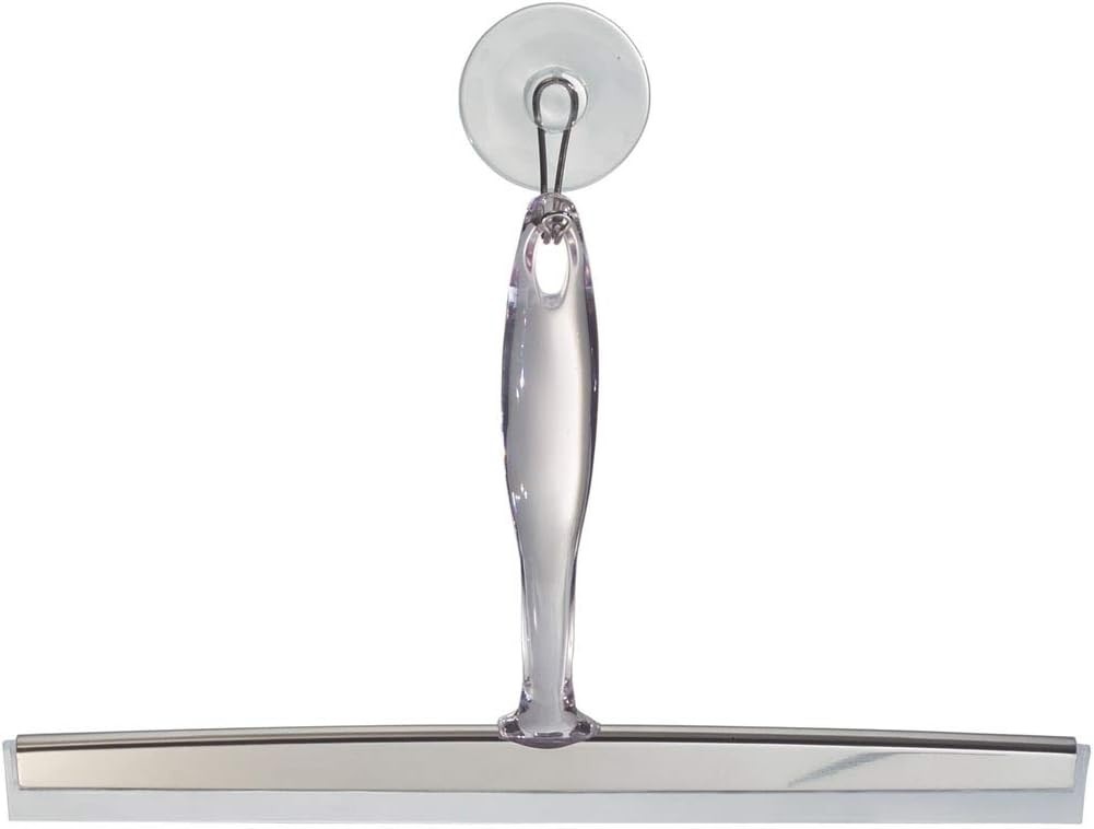 Clear Bathroom Squeegee with Stainless Steel Accents and Suction Holder – 12 In.