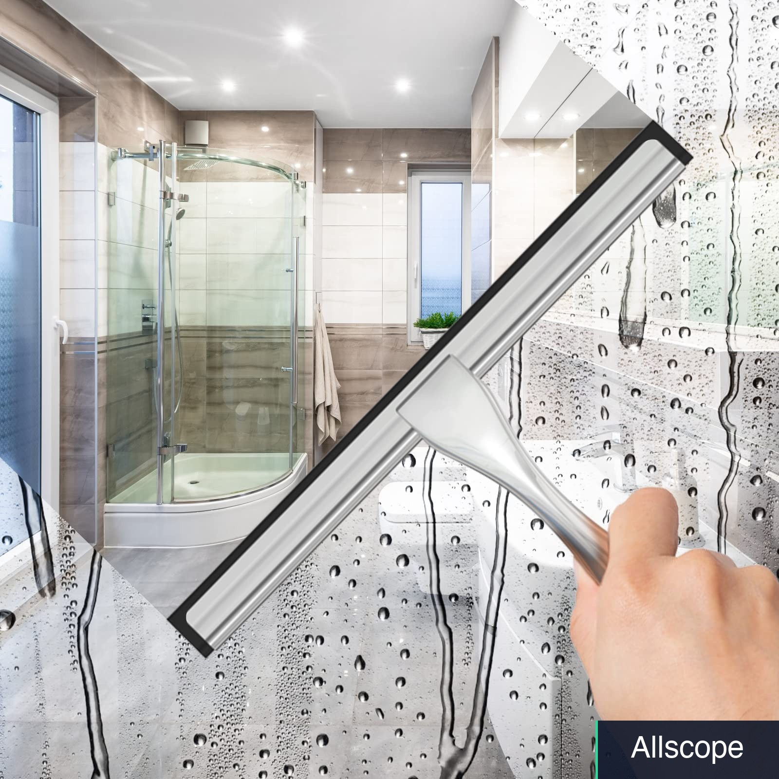 Shower Squeegee Stainless Steel Silicone Blade 10 Inch Adhesive Hooks
