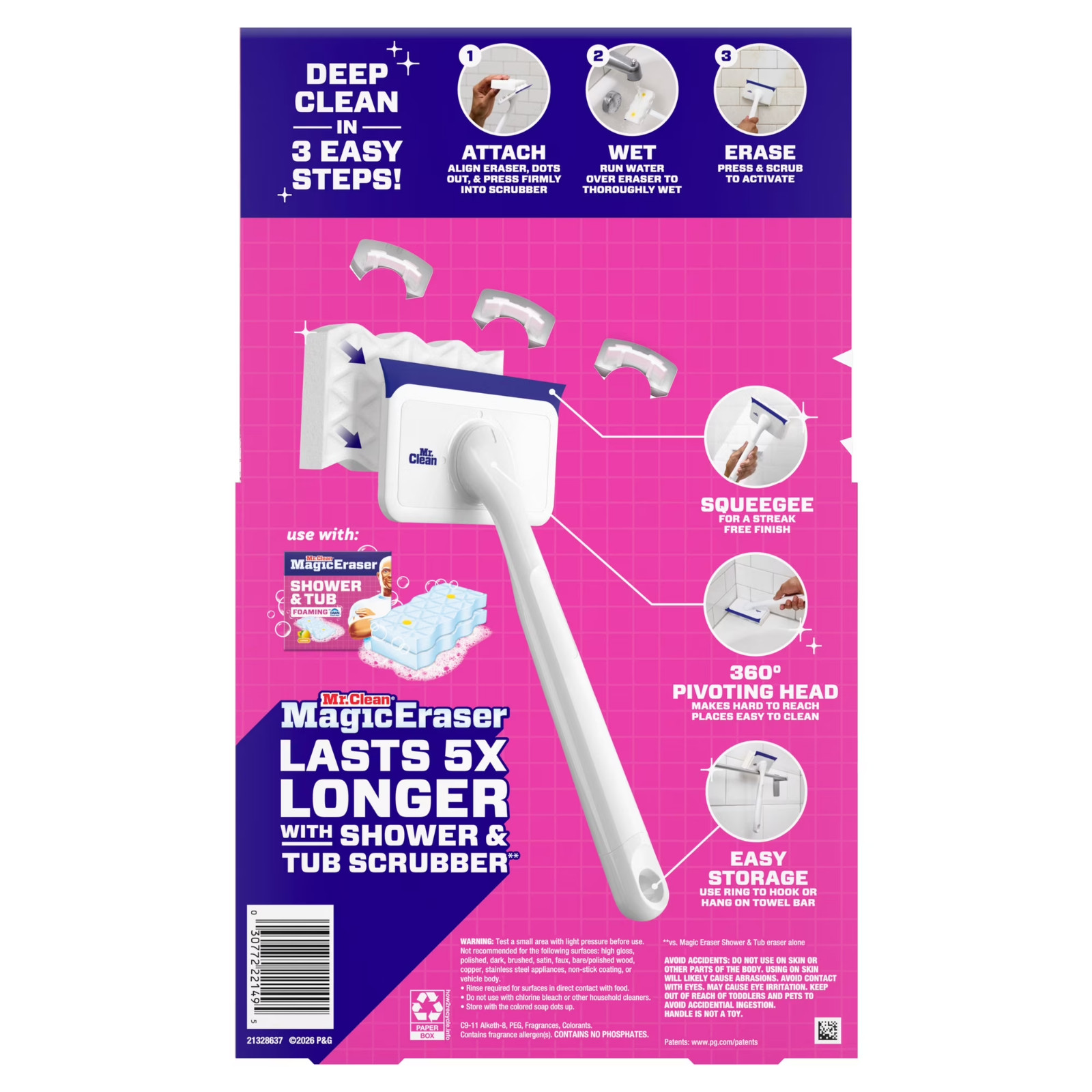 Mr. Clean Shower & Tub Scrubber, Starter Kit, 1 Scrubber & 2 Erasers