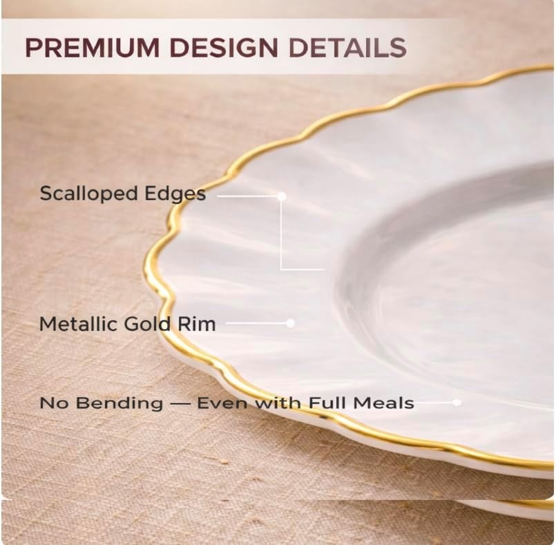 By Madee HEAVYWEIGHT 100 Pc Scalloped Ivory & Gold Plastic Plates for Party |