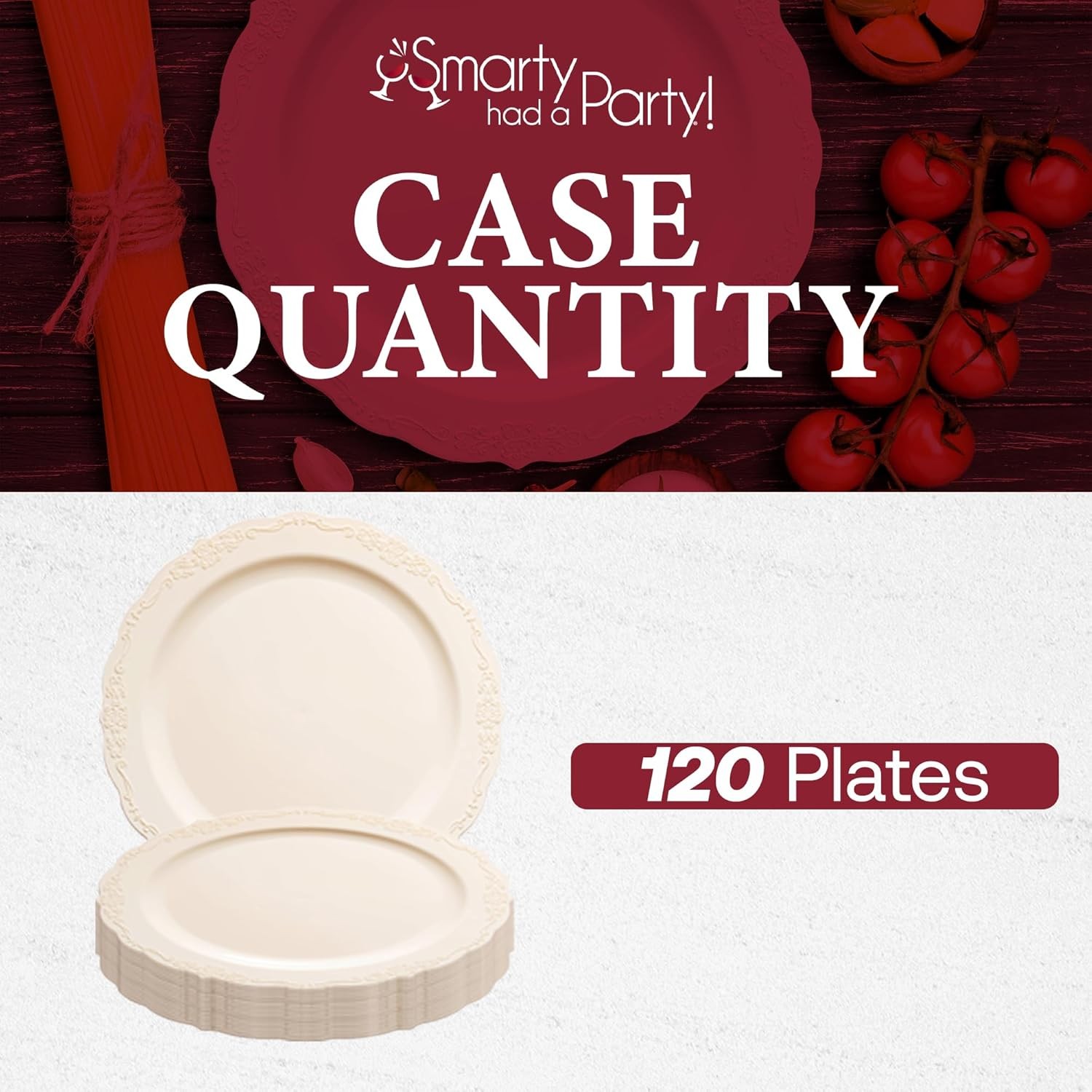 Smarty Had A Party Ivory Scalloped Plastic Dinner Plates 10 inch (120 Pieces)