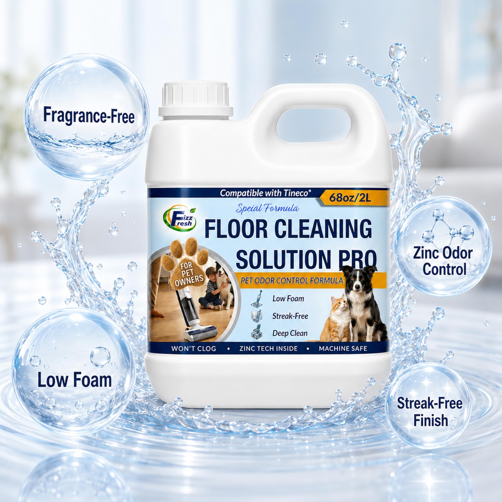 Floor Cleaning Solution Refill with Tineco, 68 fl oz Unscented, Pet Urine Odo…