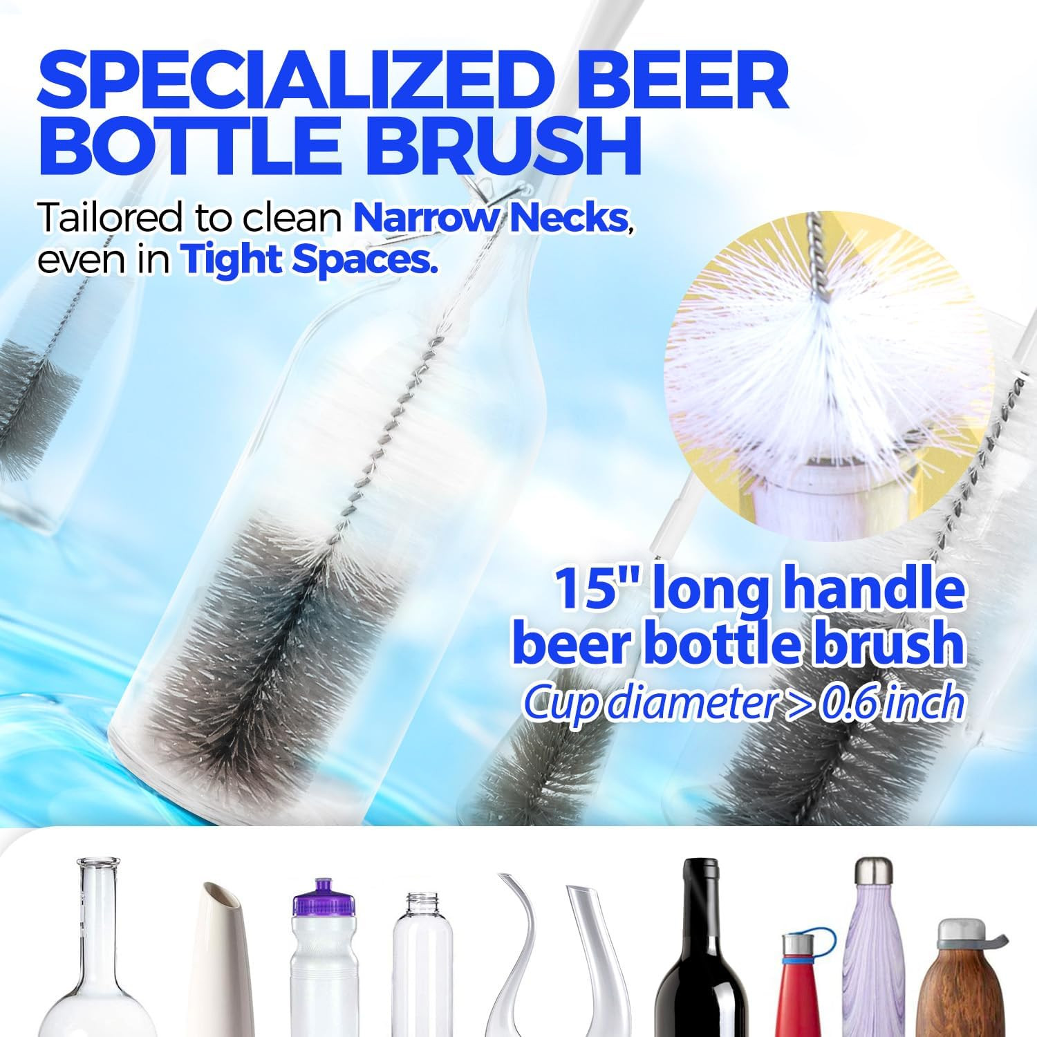 Holikme 10 Pack Bottle Brush Cleaner Set, 15″ Long Handle Bottle Cleaner Brush,