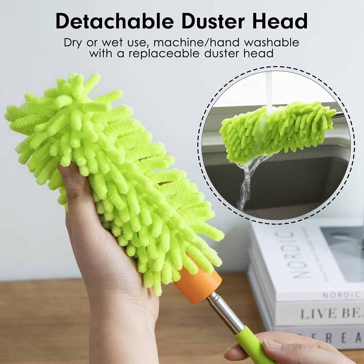 Microfiber Duster for Cleaning Extendable Pole Hand Washable Dusters Head Green